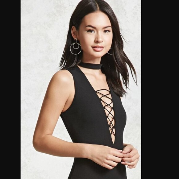 F21 Forever21 Lace Up Choker Bodysuit Thong Plus Size Rave 2x - Picture 1 of 13